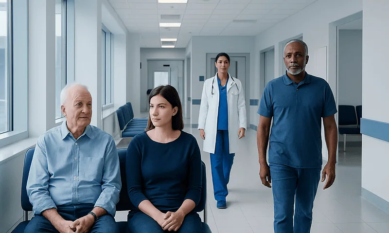 Patients waiting in a hospital corridor with medical staff nearby.