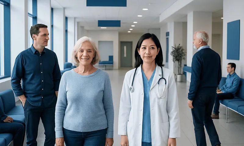 Healthcare professionals and patients in a modern hospital corridor.