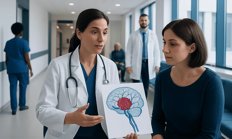 Doctor explaining brain aneurysm to patient in hospital corridor.