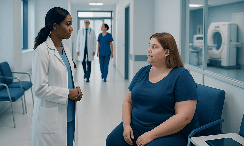 Doctor consulting a patient in a hospital corridor.