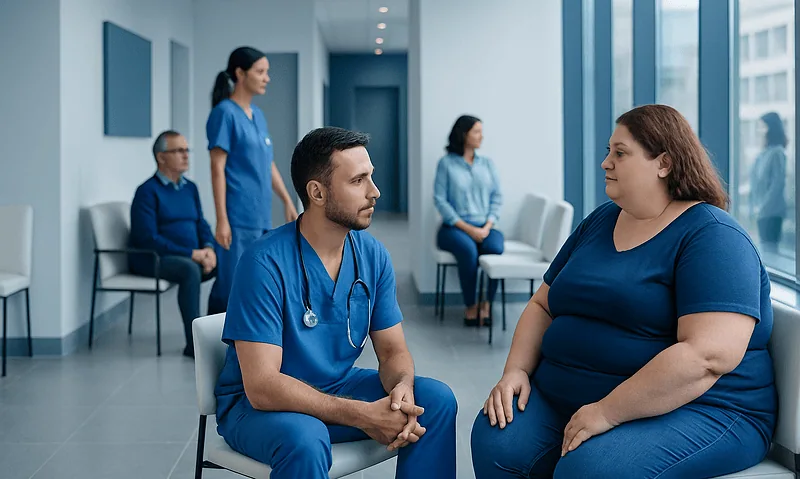 Doctor consulting with a patient about obesity treatment options in a hospital.