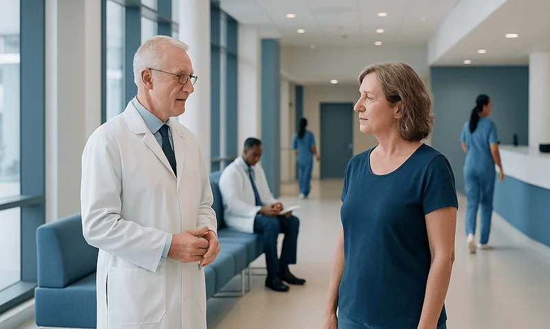 Doctor consulting with a female patient in a hospital corridor.