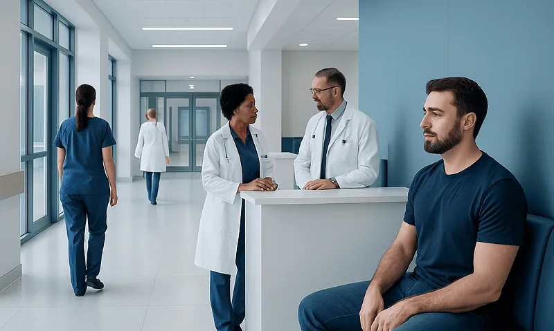 Patients and doctors in a modern hospital corridor at Acibadem Hospitals Group.