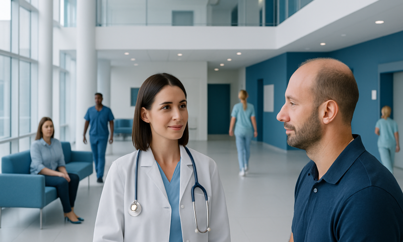 Doctor consulting with patient in modern hospital lobby.