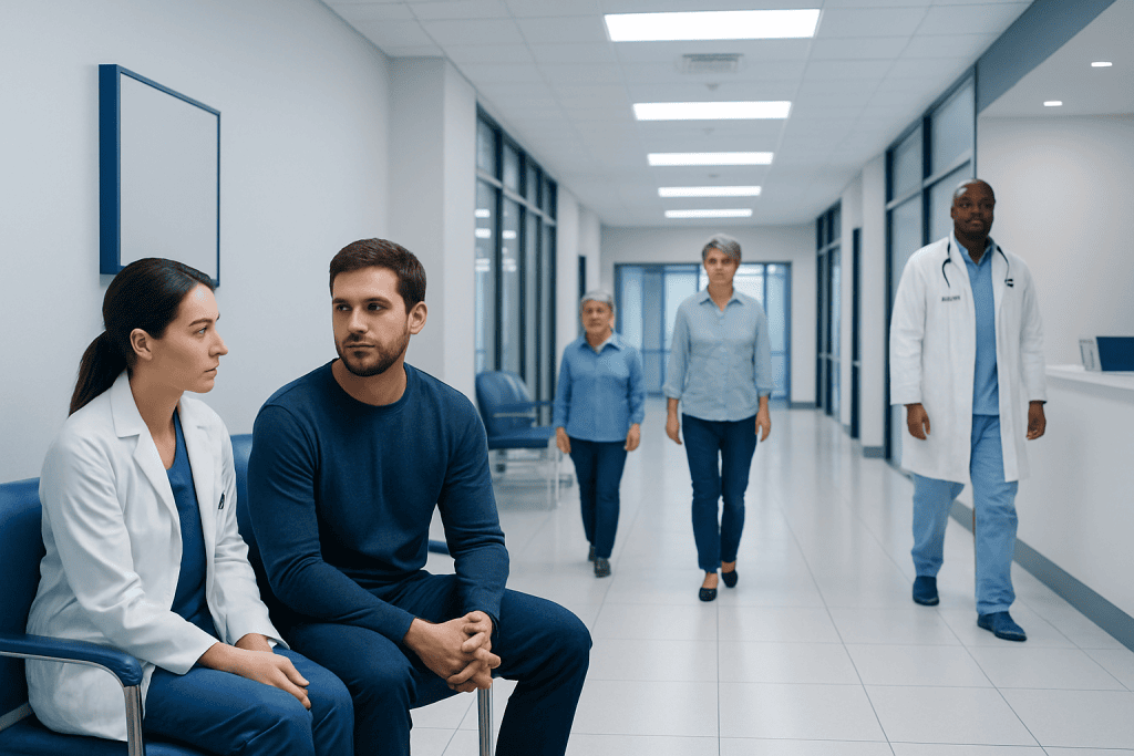Crohn’s Disease: What to Expect From Biologic Treatment and Follow-Up 1 Patients waiting in a hospital corridor with medical staff present.