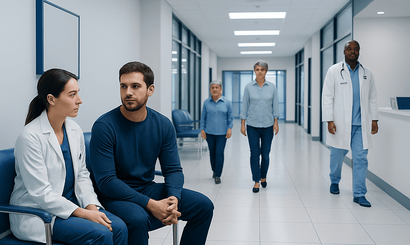 Patients waiting in a hospital corridor with medical staff present.