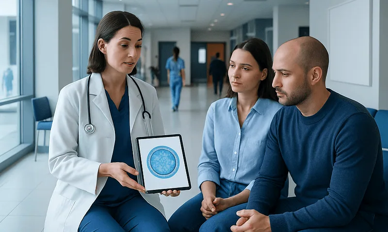 Doctor explaining blastocyst transfer process to couple in hospital.