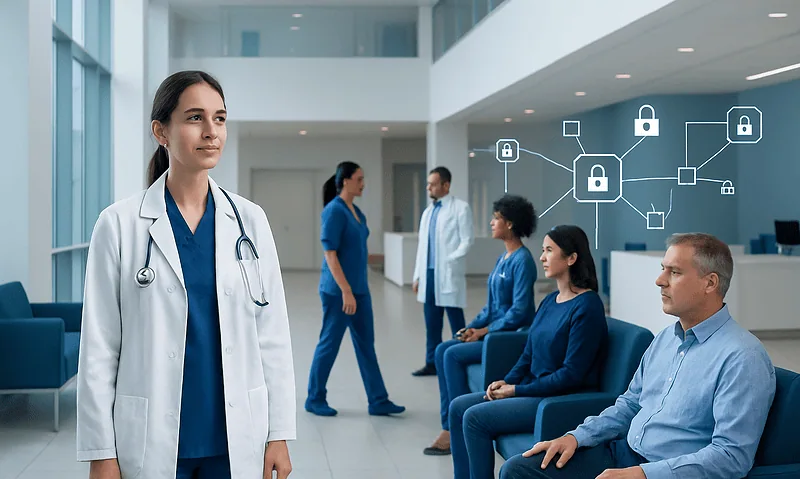 Blockchain in Healthcare: How It Works and Where It Can Help 18 Healthcare professionals in a modern hospital with digital security icons.