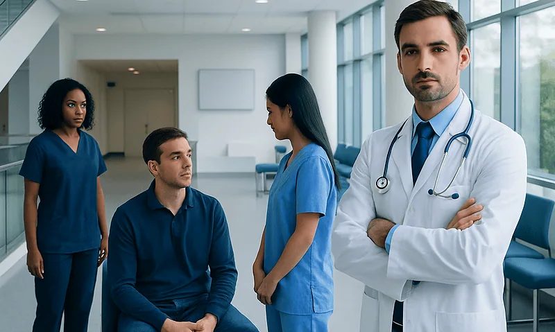 Blockchain in Healthcare: How It Works and Where It May Help 6 Medical team in hospital corridor with doctor and nurses.