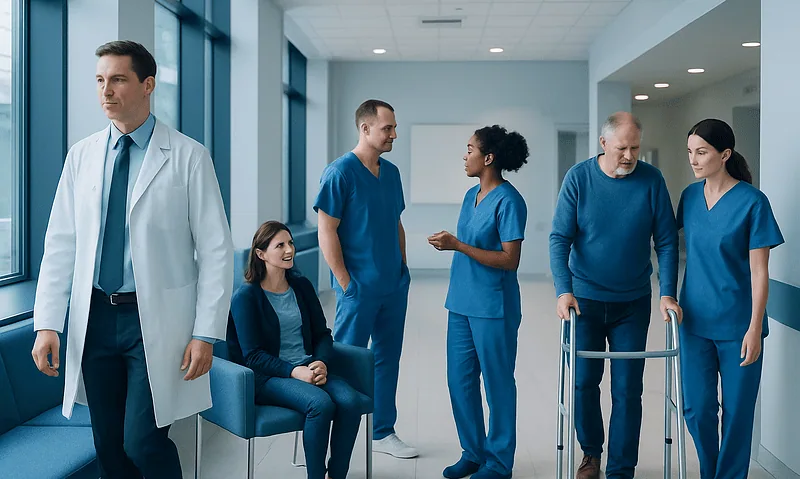 Blockchain in Healthcare: How It Works in Simple Terms 13 Healthcare professionals and patient in hospital corridor at Acibadem Hospitals Group.