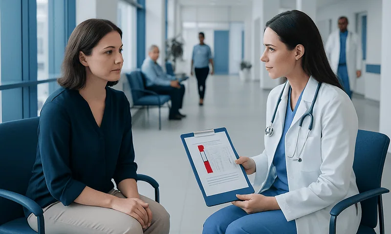 Doctor discussing blood test results with a patient in a hospital corridor.