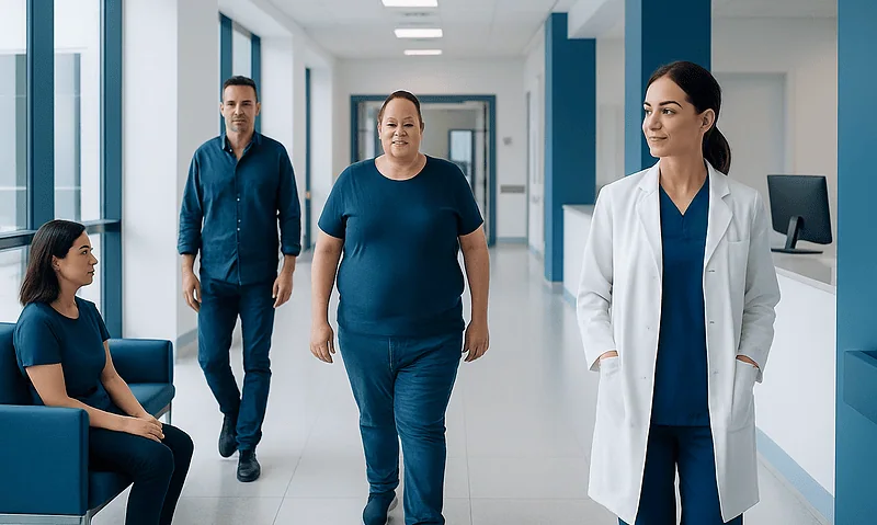 Patients and doctor in a modern hospital corridor.