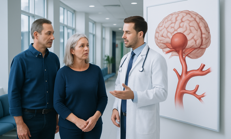 Doctor explaining brain aneurysm treatment to patients in hospital corridor.