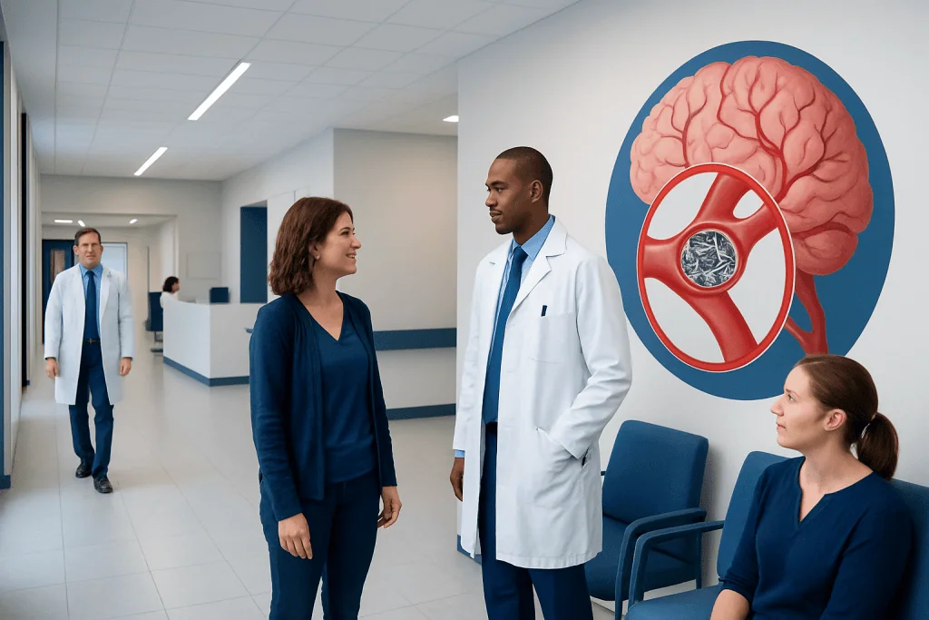 Brain Aneurysm Coiling: Who Is a Good Candidate? 1 Medical professionals discussing brain aneurysm treatment in hospital corridor.