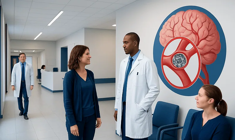 Medical professionals discussing brain aneurysm treatment in hospital corridor.
