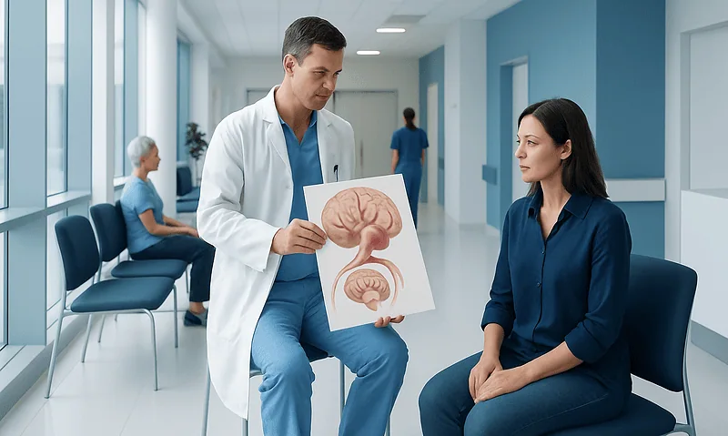 Doctor explaining brain anatomy to patient in hospital corridor.