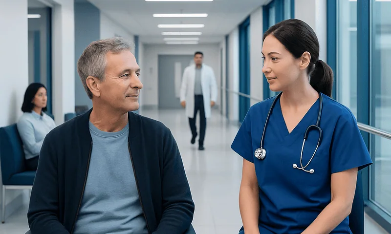 Patient and nurse having a conversation in hospital corridor.