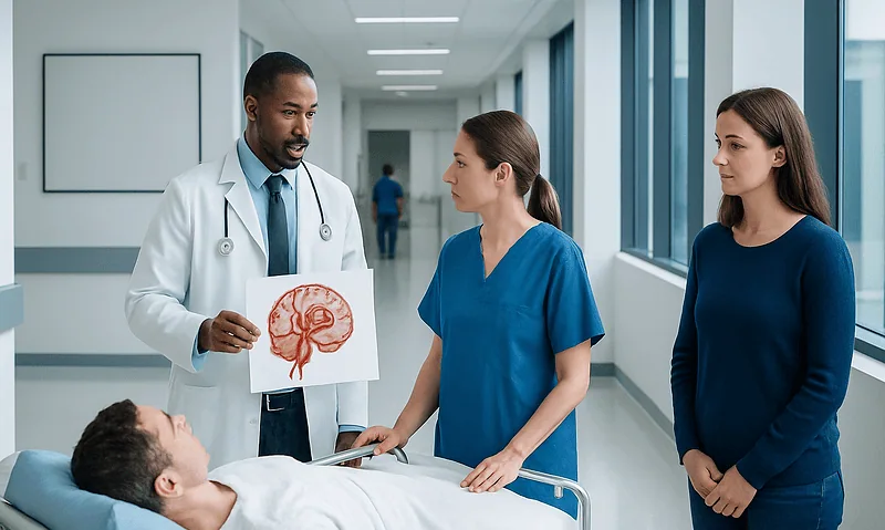 Medical team discussing brain scan with patient in hospital corridor.