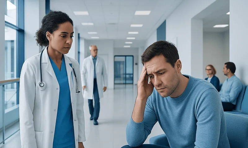 Brain Fog Treatment: How It Is Diagnosed and Managed 18 Patient experiencing headache in hospital corridor with medical staff nearby.