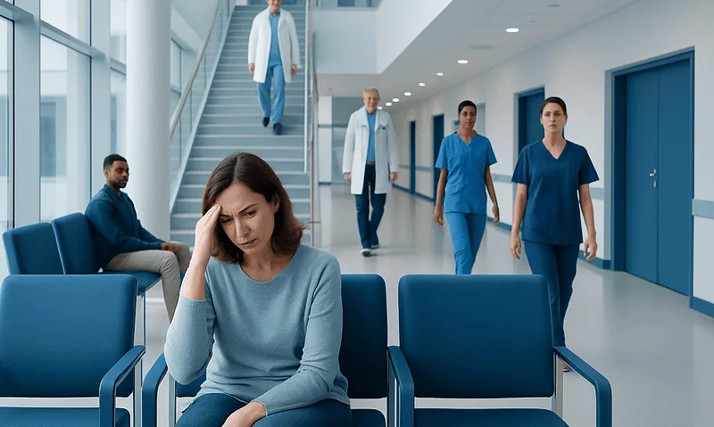 Brain Fog After COVID, Stress, or Poor Sleep: When to Get Checked 5 Woman with headache in hospital waiting area with medical staff in background.