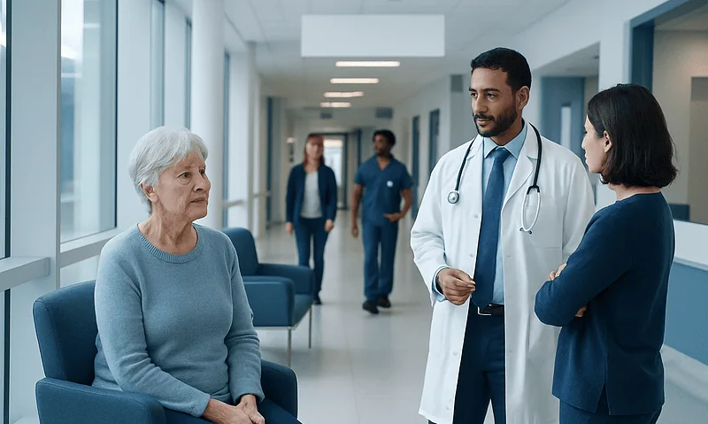 Doctor consulting with elderly woman in hospital corridor.