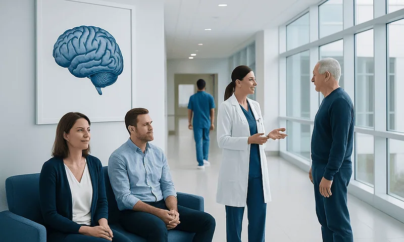 Doctor consulting with patient in hospital corridor with brain diagram artwork.