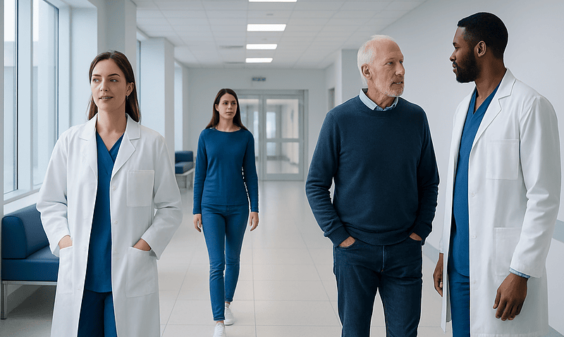 Medical professionals and patient in hospital corridor at Acibadem Hospitals Group.