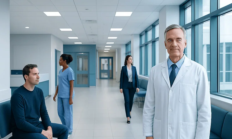 Medical professionals and a patient in a hospital corridor at Acibadem Hospitals Group.