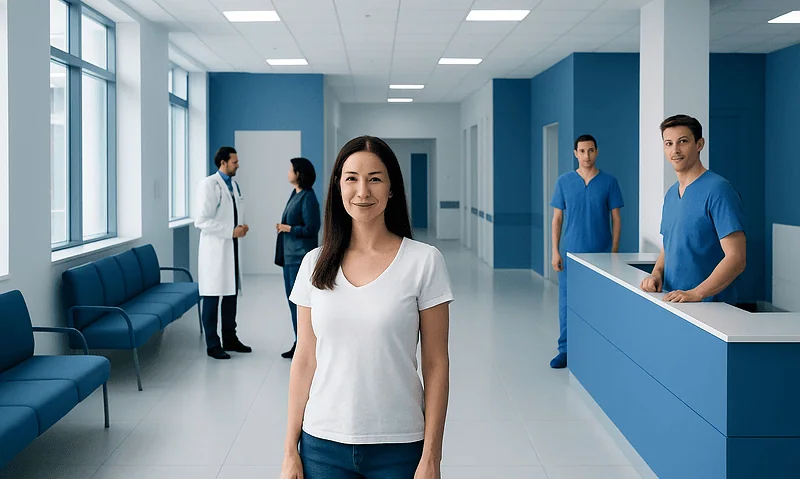 Happy woman patient at Acibadem hospital reception area in Turkey.