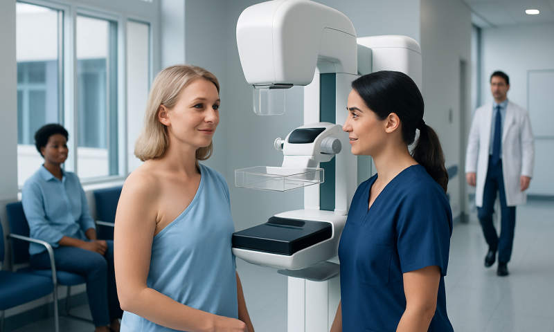 Woman undergoing mammogram at Acibadem Hospital with medical staff present.