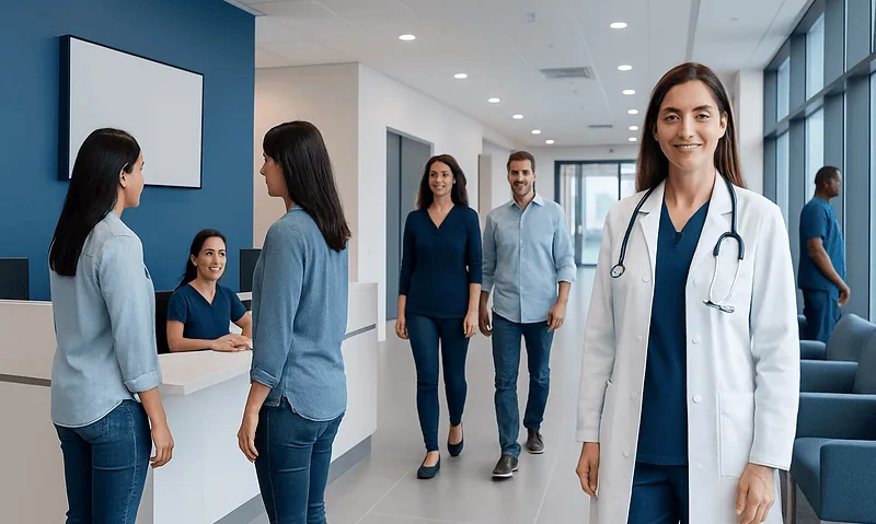 Medical staff and patients in a modern hospital reception area.