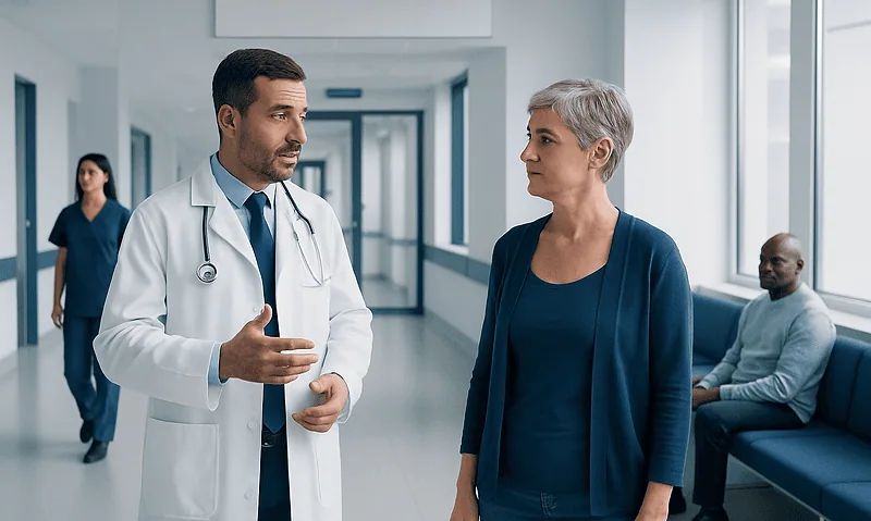 Doctor consulting with a patient in a hospital corridor.