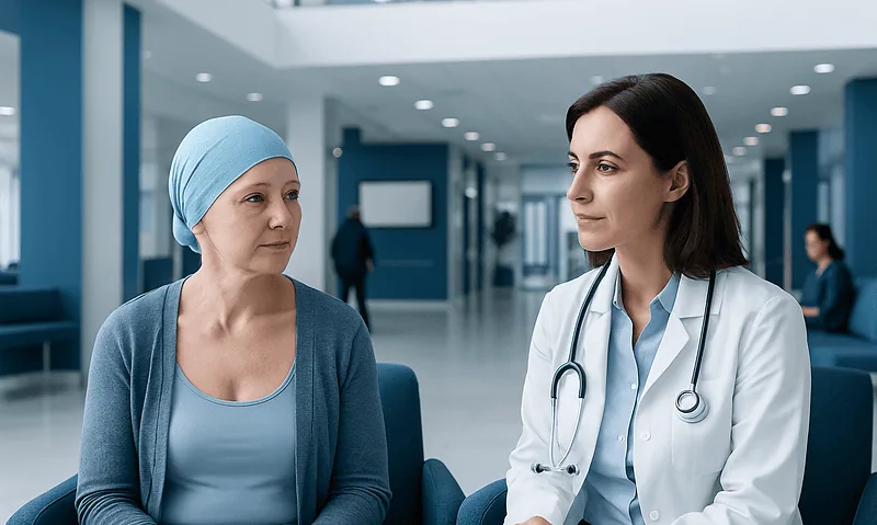 Health Library 14 Patient and doctor discussing breast reconstruction options in hospital.