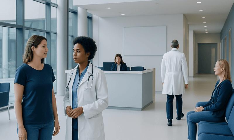 Medical consultation at Acibadem Hospital with doctor and patient in modern clinic.