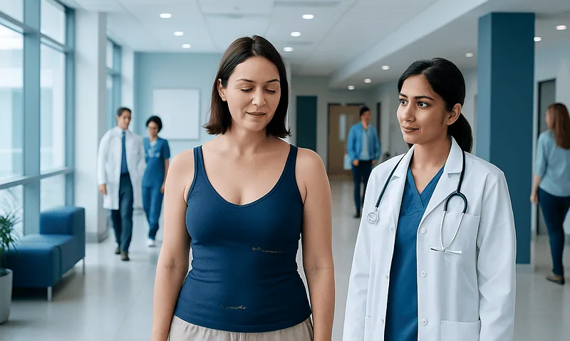 Patient walking in hospital corridor with medical staff nearby.