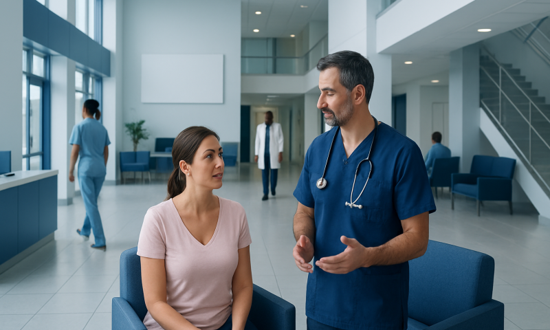 Doctor consulting with a patient in a modern hospital lobby.
