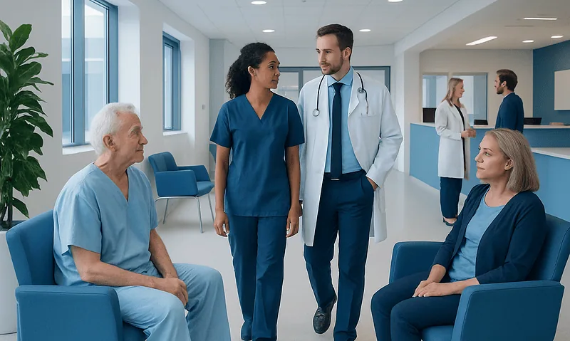 Medical team consulting patients in a hospital waiting area.
