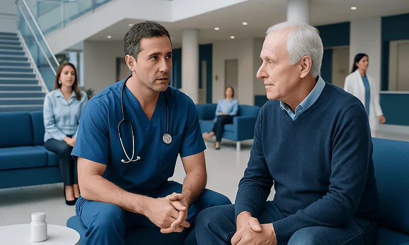 Doctor consulting with an elderly patient in a hospital lobby.