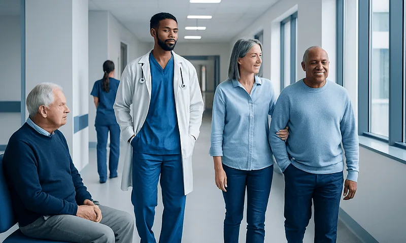 CABG Before and After: Symptoms, Activity Level, and Realistic Results 4 Diverse group of patients and doctor in hospital corridor.