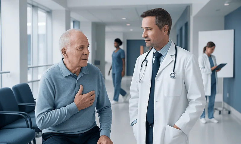 Cardiologist consulting senior patient in hospital corridor.