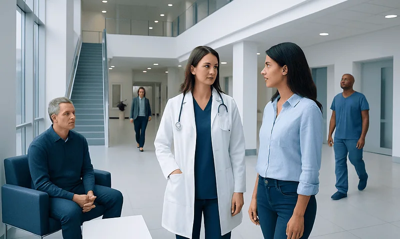Medical professionals and patient in a hospital lobby at Acibadem Hospitals Group.