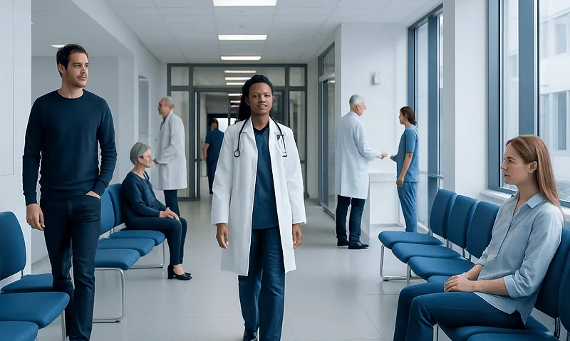 Healthcare professionals and patients in a hospital corridor.