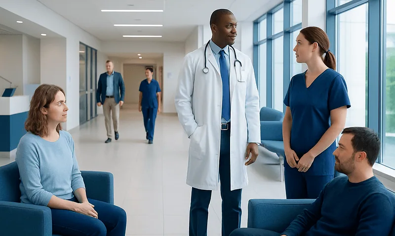 Medical team consulting with patients in a hospital corridor.
