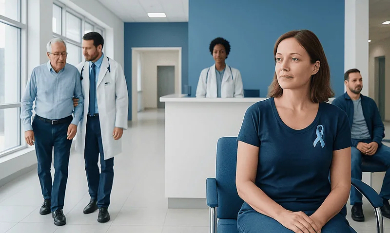 Woman with blue ribbon awareness pin waiting in hospital lobby.