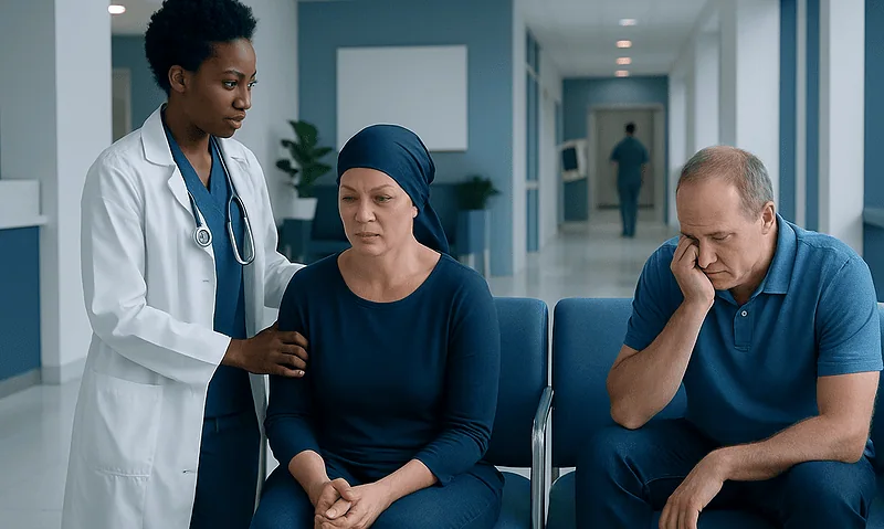 Patient receiving emotional support from healthcare professional in hospital corridor.