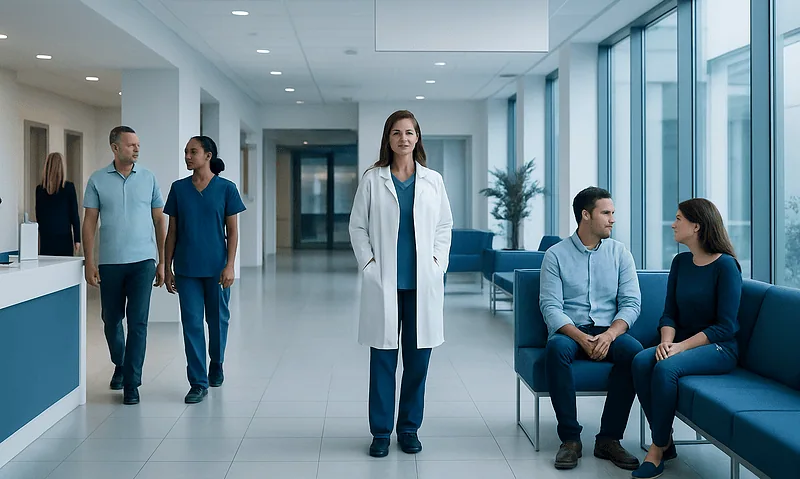 Healthcare professionals and patients in a modern hospital corridor.