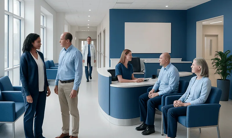 Cancer Stages Explained: What Stage 1 to Stage 4 Means 14 Hospital reception area with staff and patients engaging in conversation.