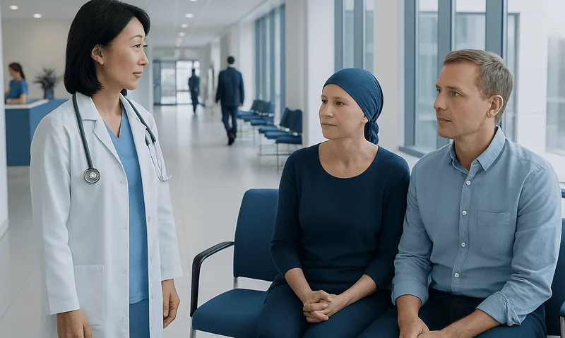 Doctor consulting cancer patient in hospital corridor.