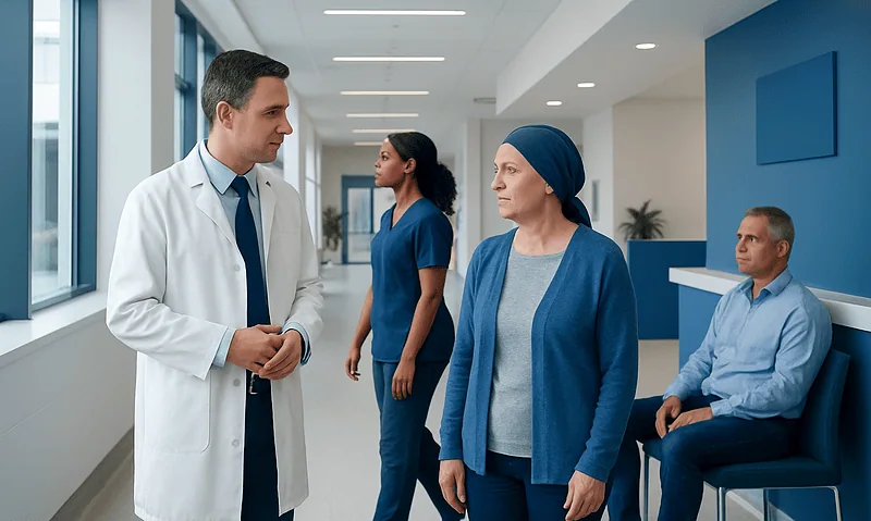 Doctor consulting a female patient in a modern hospital corridor.