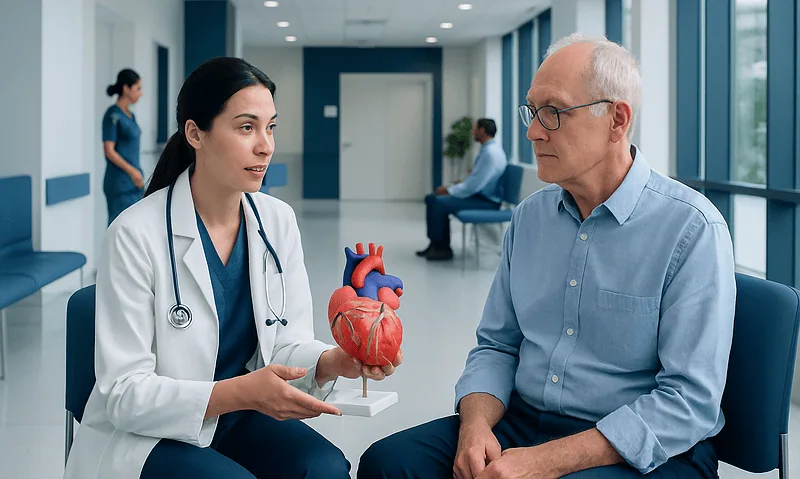 Cardiologist explaining heart anatomy to patient in hospital corridor.